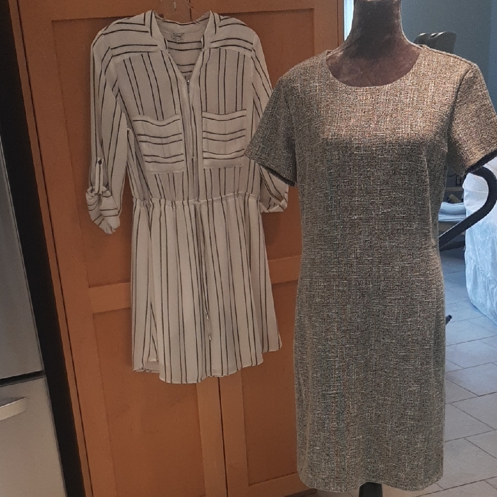 2 DRESS BDL🍌Banana Republic Gray/Green Tweed Sz12➕👄KismetStriped Gray/GreenSzL - Picture 2 of 13